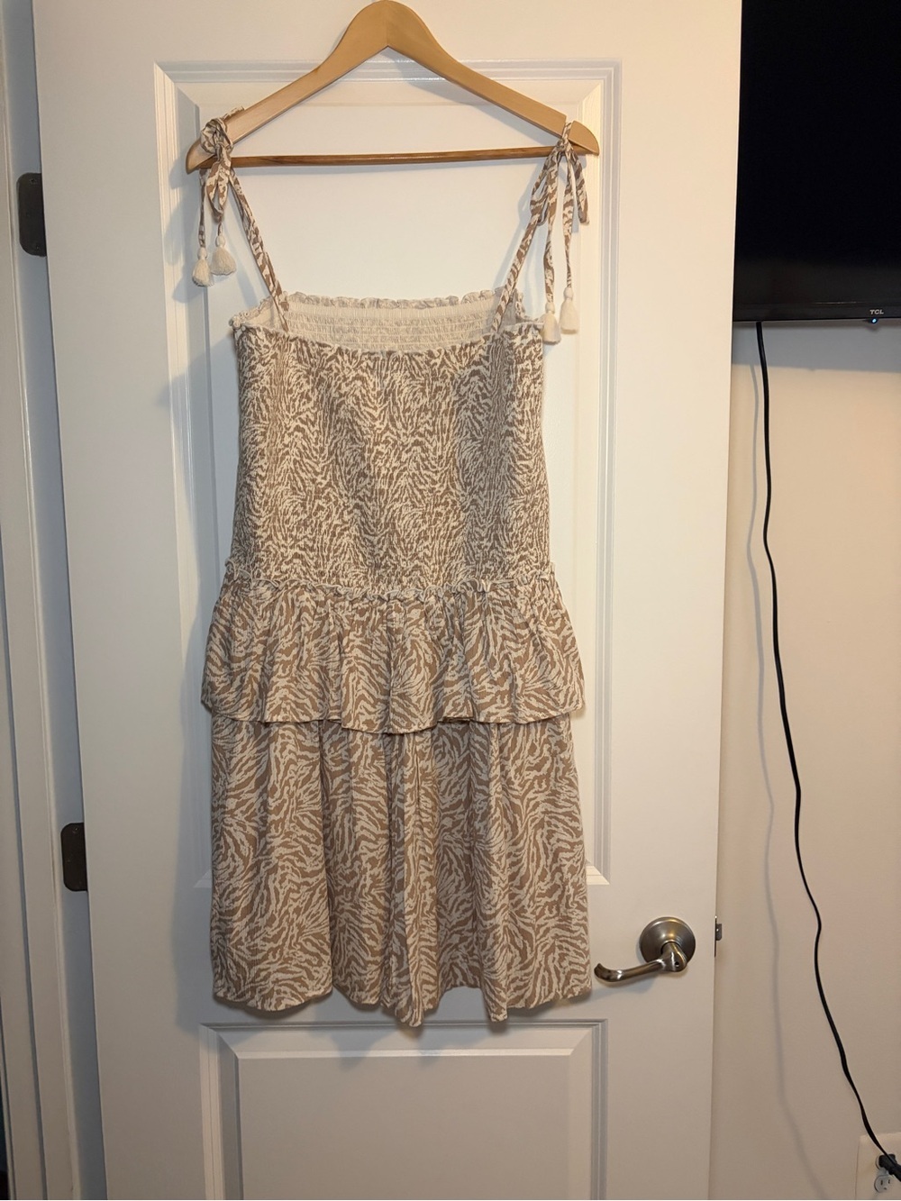 aerie | Beige Tiered Mini Dress with Smocked Top and Tie Straps - Picture 4 of 9